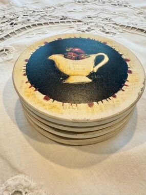 Set of 4 Fruit Illustration Round Ceramic Coasters cork backs  signed Emily 4”